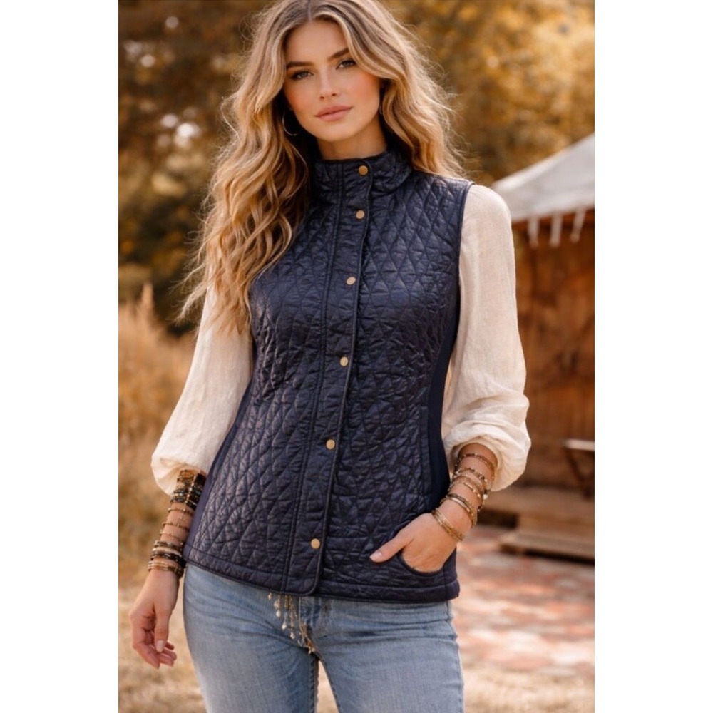 Womens Talbots Quilted Puffer Vest Navy‎ Diamond Stitch Sleeveless Layering XL